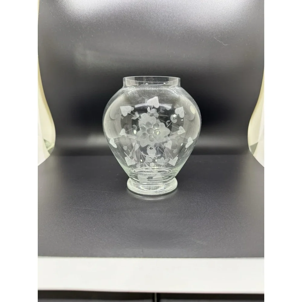 Vintage Romanian Etched Glass Vase Clear